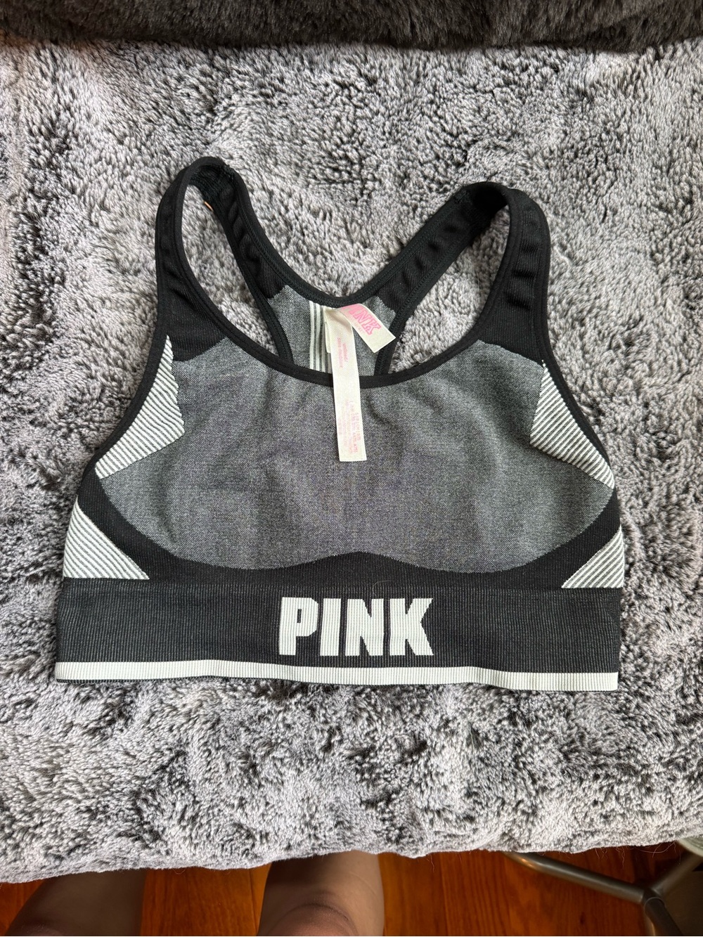 PINK Heathered Gray Seamless Racerback Sports Bra with Black Trim